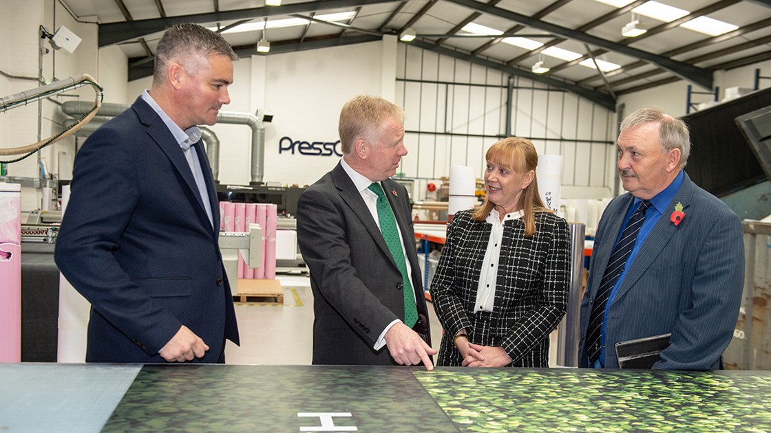 CEO visit to PressOn Ltd August 2019: Mark Thurston, CEO. HS2 Ltd, visiting PressOn Ltd, Kent, who are part of the HS2 supply chain. 

L-R: Andy Wilson, MD, PressOn Ltd,  Mark Thurston, CEO, HS2 Ltd, Jo James, CEO, Kent Invicta Chamber of Commerce, Cllr Alan Jarrett, Leader, Medway Council.