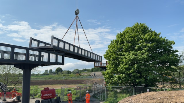 Levenmouth Rail Link active travel bridge craned into position at Duniface.: Levenmouth Rail Link - Duniface bridge installation - May 2024 - 4