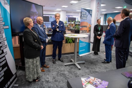 King Charles III visits The Bridge in Portland Walk, Barrow, on 22 September 2025 as part of the title Royal Port of Barrow being bestowed. The King is pictured talking to University of Cumbria Mechanical Engineering student Scarlett Southcott and Vice Chancellor Professor Julie Mennell DL.
CREDIT: 
