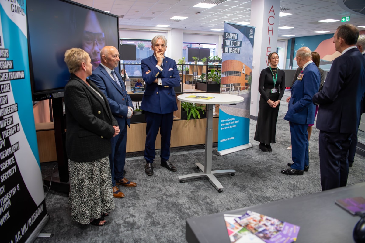 King Charles III visits The Bridge in Portland Walk, Barrow, on 22 September 2025 as part of the title Royal Port of Barrow being bestowed. The King is pictured talking to University of Cumbria Mechanical Engineering student Scarlett Southcott and Vice Chancellor Professor Julie Mennell DL.
CREDIT: