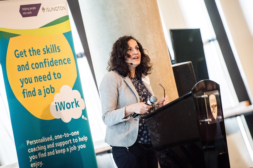 Cllr Asima Shaikh addresses Islington employment support organisations at the Emirates Stadium, 11 March, 2019.