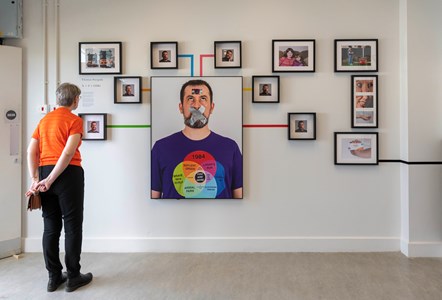 A person looking at photographs and art on the white wall in an art exhibition