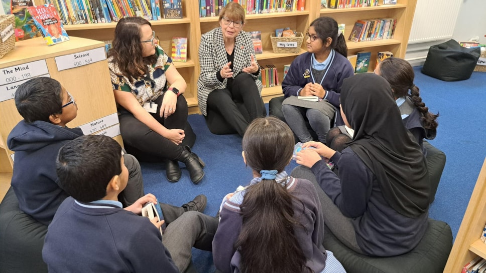 County Councillor Jayne Rear, cabinet member for Education and Skills, talking to Y6 pupils taking part in this year's Fantastic Book Awards at Deepdale Community Primary School in Preston-2