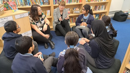 County Councillor Jayne Rear, cabinet member for Education and Skills, talking to Y6 pupils taking part in this year's Fantastic Book Awards at Deepdale Community Primary School in Preston-2