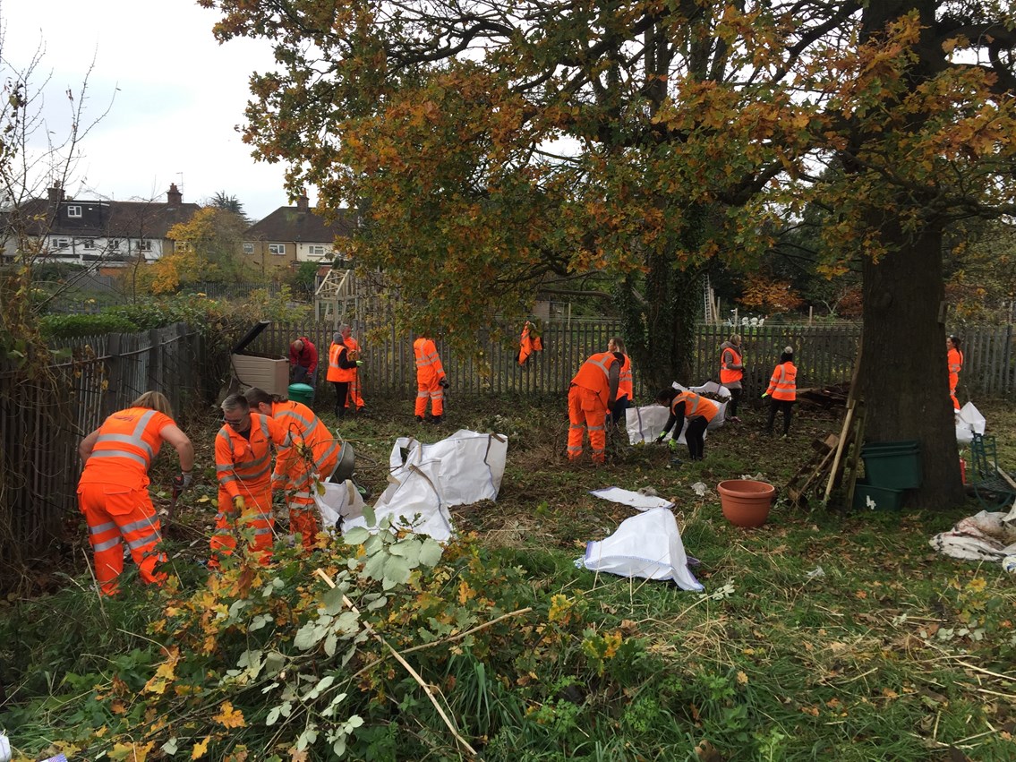 Network Rail volunteers clearing up Copsewood Road community garden in Watford
