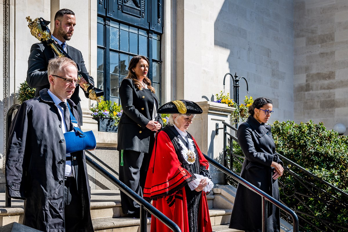 Front row, from left: Leader of Islington Council Cllr Richard Watts, Mayor of Islington Cllr Janet Burgess, Deputy Leader Cllr Kaya Comer-Schwartz. Tow row, from left: Mace Bearer Sertan Hassan, Islington Council CEO Linzi Roberts-Egan.