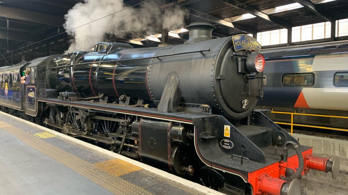 All aboard! The Polar Express arrives at Euston station: The Polar Express train on platform 16 at Euston station - November 2025
