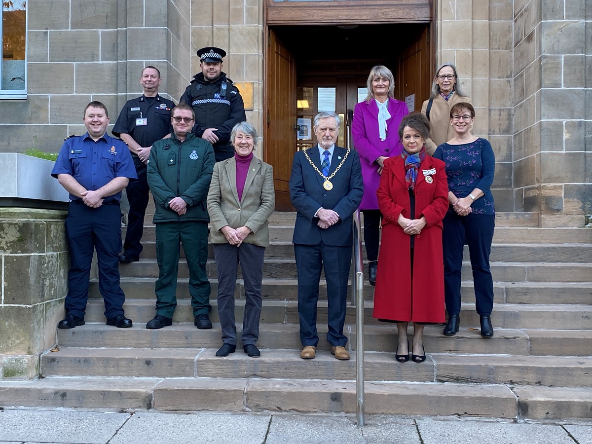 L-R: Colin Wood, HM Coastguard; Willie Chisolm, Scottish Fire and Rescue Service; Robert Appleby, Scottish Ambulance Service; Sgt Scott Brander, Police Scotland; Tricia Lawson, Depute Lieutenant of Banffshire; Cllr John Cowe, Civic Leader of Moray Council; Rhona Gunn, Depute Chief Executive, Moray C