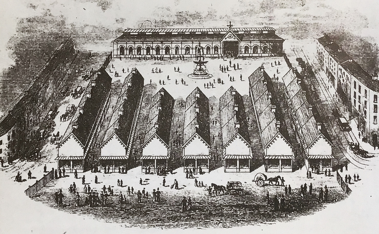 Market 8: An 1875 sketch showing plans for the expansion of Leeds Kirkgate Market, including the area that eventually became known as the blockshops. Credit: West Yorkshire Archive Service. Taken from Kirkgate Market: An Illustrated History, by Steven Burt and Kevin Grady.