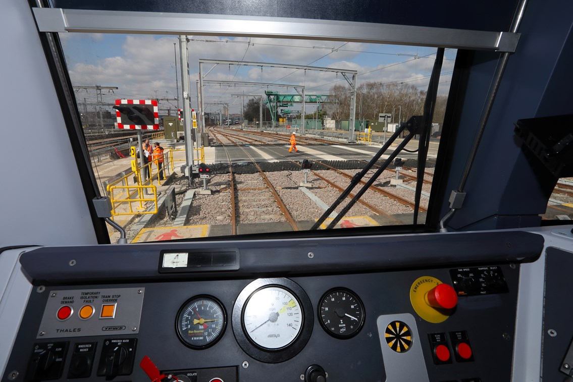 New Midland Main Line station a step closer as Network Rail improves track layout: Copyright: Brent Cross Cricklewood regeneration programme. Brent Cross West March 2021 lxxxvi View from cab of train parked in new sidings