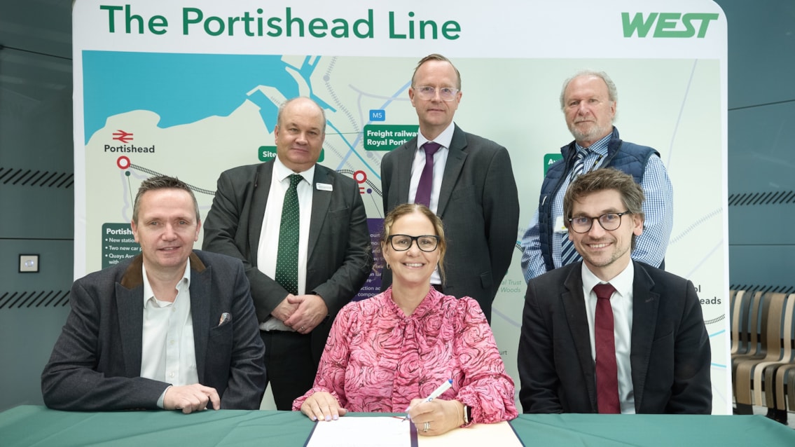 Trains set to return to Portishead and Pill after 60 years as contracts signed to reopen Portishead Line: L-R back row Mark Hopwood GWR, Ian Shuffleton Morgan Sindall, Simon Ball Colas Rail, front row L-R Mike Bell North Somerset Council, Helen Godwin Mayor of the West of England, Marcus Jones Network Rail