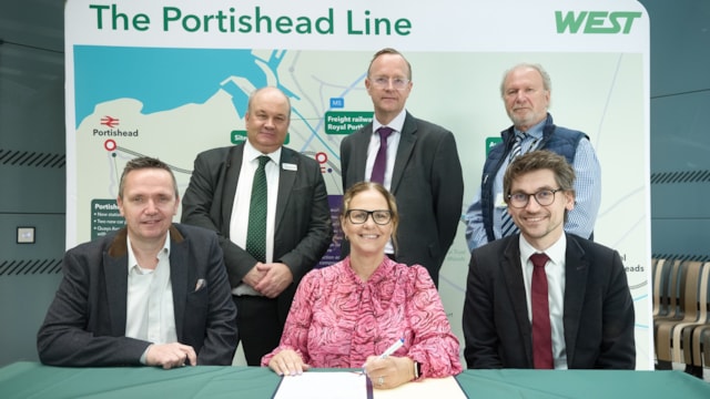 Trains set to return to Portishead and Pill after 60 years as contracts signed to reopen Portishead Line: L-R back row Mark Hopwood GWR, Ian Shuffleton Morgan Sindall, Simon Ball Colas Rail, front row L-R Mike Bell North Somerset Council, Helen Godwin Mayor of the West of England, Marcus Jones Network Rail