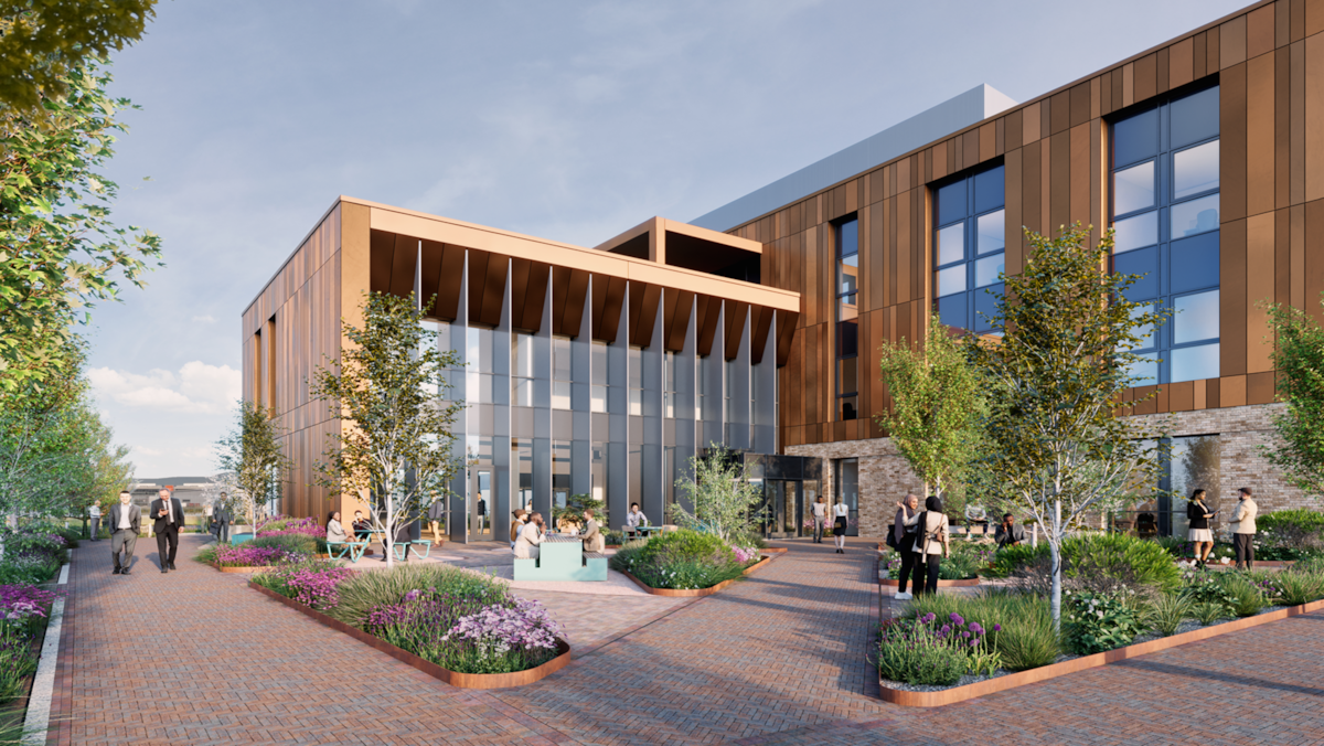 Initial Concept CGI North-east facing entrance and public realm