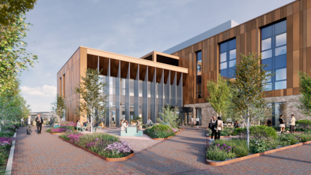 Initial Concept CGI North-east facing entrance and public realm