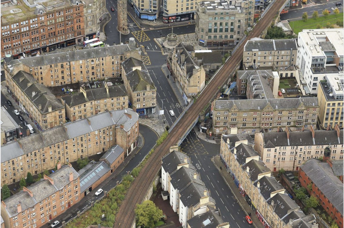 Saltmarket railway bridge aerial: Work gets underway in August 2022 to refurbish railway bridge near Glasgow Cross.