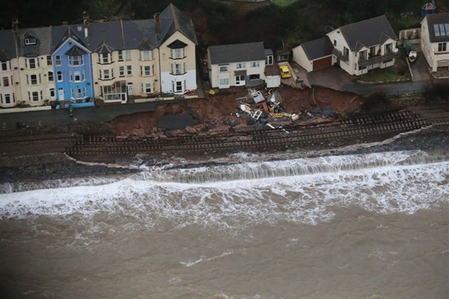 Aerial view of the damaged site at Dawlish taken from the Network Rail helicopter