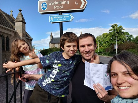 Having fun as they follow the Forres number trail challenge, are Emily and Paul Pitcher, with children Seth and Cora