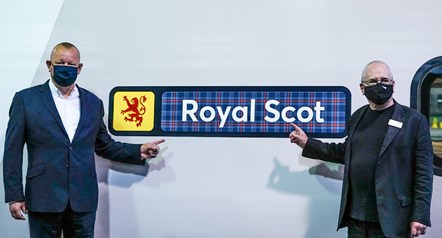 L - R: Phil Whittingham (Managing Director, Avanti West Coast) and Sir Peter Hendy (Chairman, Network Rail) with Royal Scot nameplate