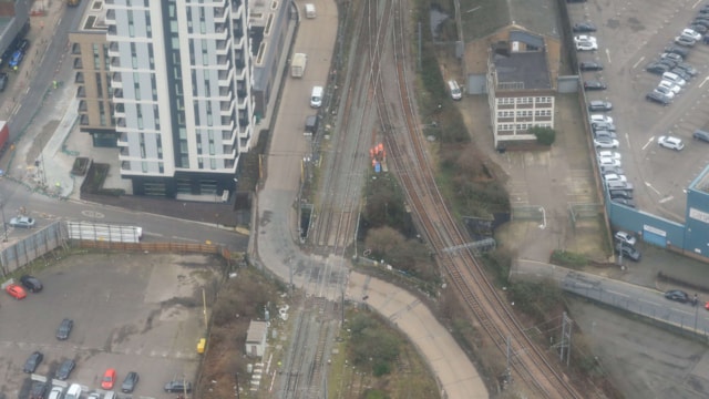 Aerial view of Mitre Bridge level crossing: Aerial view of Mitre Bridge level crossing