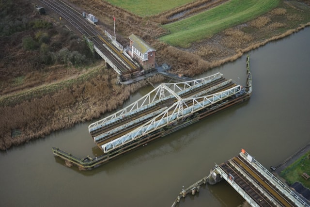 Reedham swing bridge in its open position: Reedham swing bridge in its open position