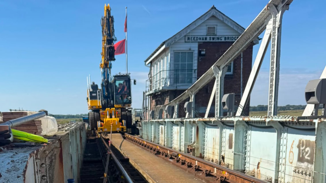 Repairs completed early at Reedham swing bridge: A road-rail vehicle working on the bridge