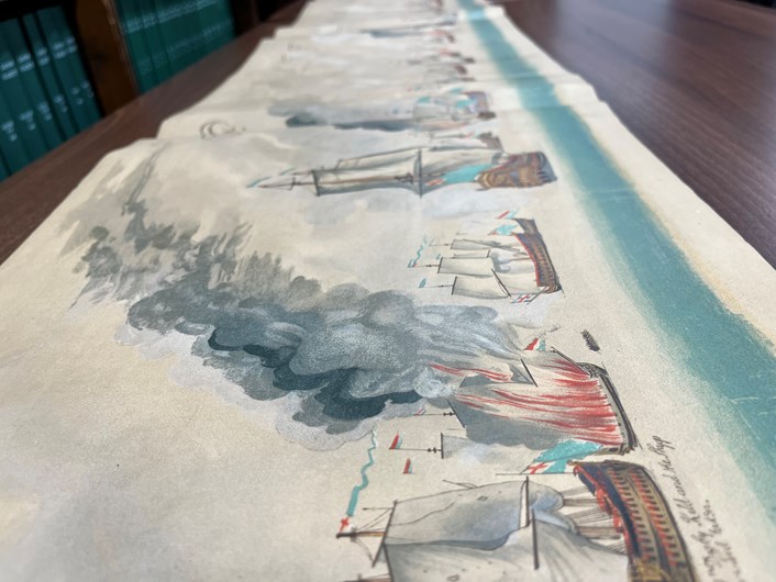 Leeds Central Library's naval battle: Sections of the step-by-step, illustrated account of the battles of Solebay and Texel which took place in the 1670s. Estimated to be more than 50 feet in length, the document itself dates from around 1908 and is among a collection of more than 3,000 books, pamphlets and periodicals donated by noted Leeds aristocrat, diplomat and naval history buff Sir Alvary Gascoigne.