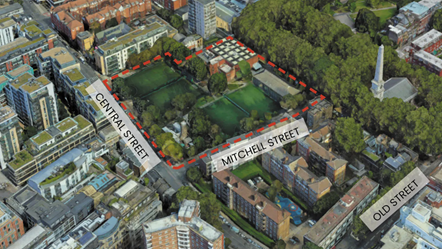 An aerial picture of the Finsbury Leisure Centre site and the surrounding area, with the site marked out in a dashed red line.