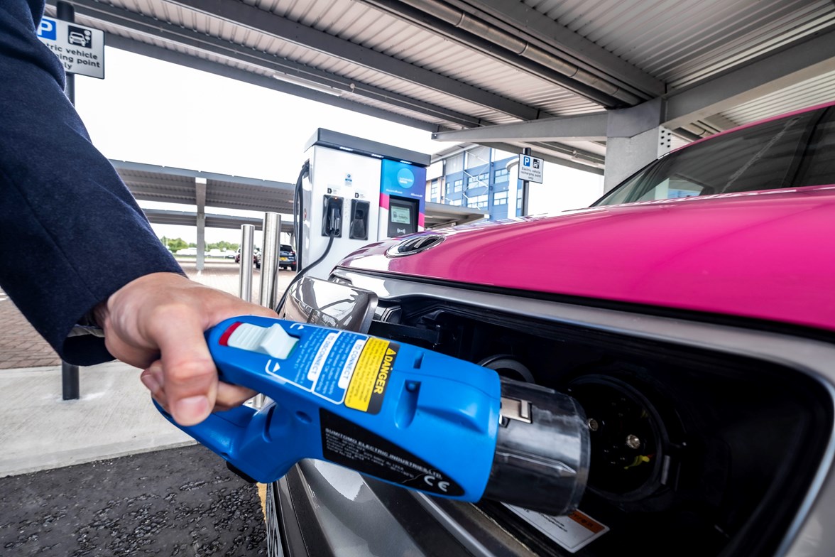 EV Charger at Falkirk Stadium powered partially by a solar canopy above