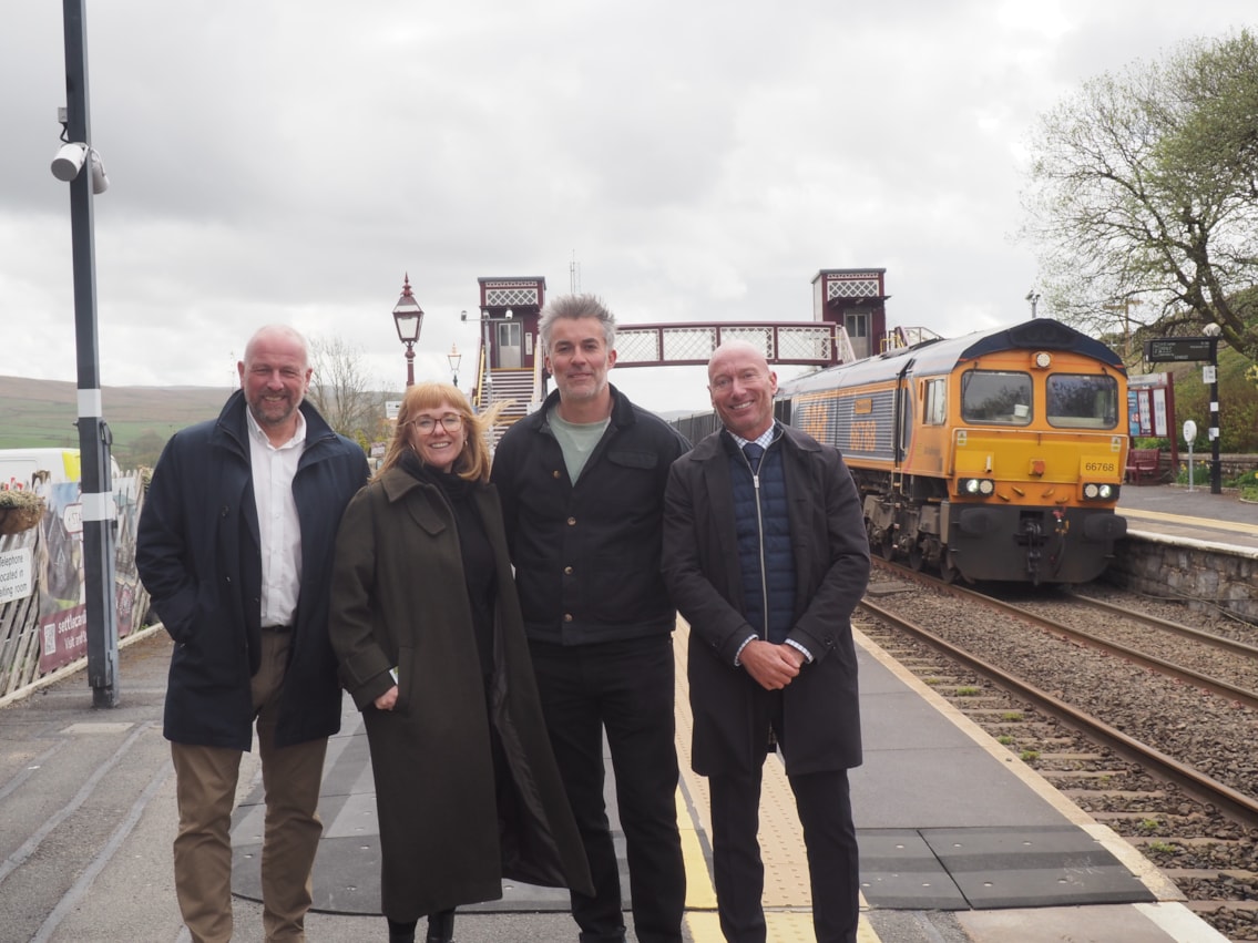 Horton bridge: L-R Mark Gibbons, National Operations Director for Heidelberg Materials in the UK with Network Rail's Emma Harding, David Skaith, Mayor of York and North Yorkshire and Darren Alsopp from Northern-2