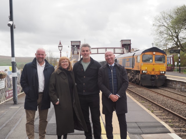 Horton bridge: L-R Mark Gibbons, National Operations Director for Heidelberg Materials in the UK with Network Rail's Emma Harding, David Skaith, Mayor of York and North Yorkshire and Darren Alsopp from Northern-2