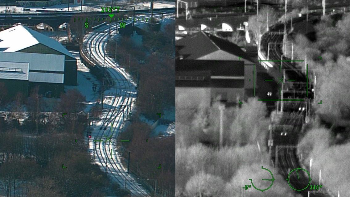 Approach to Wolverhampton station - normal view (left), thermal view (right)  - Credit: Network Rail Air Operations team
