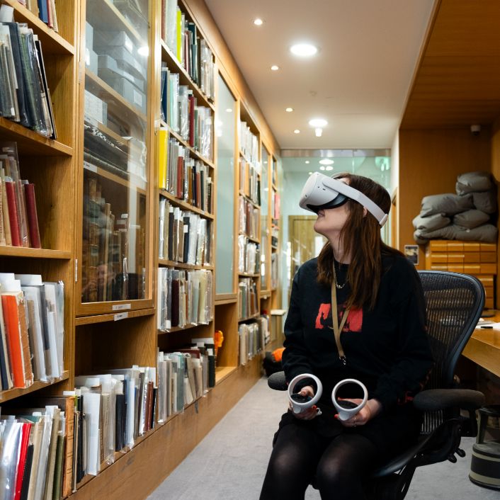 Neville Street VR: Errin Hussey, an archivist with Leeds Museums and Galleries tries out the newly digitised, VR version of A Light and Sound Transit by Berlin-based artist, sound sculptor and composer Hans Peter Kuhn.
