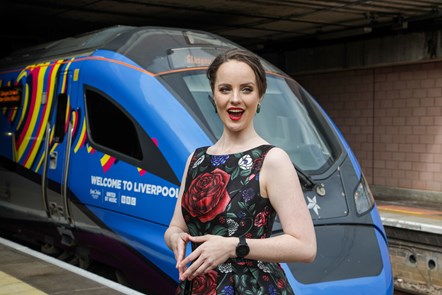 Soprano Morgan Carter serenades the TPE Eurovision wrapped train before its inaugural service