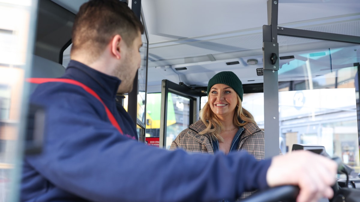 Television personality Josie Gibson boards a First Bus cropped