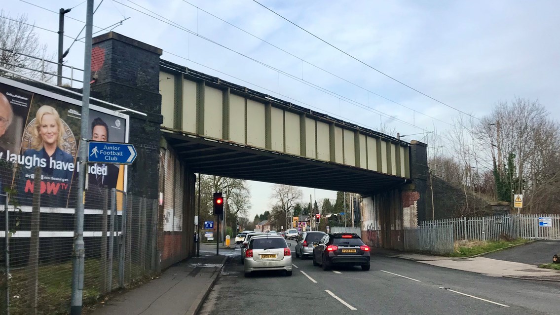 Passengers warned of bridge improvements on Manchester Airport line: Slade Lane bridge Levenshulme February 2020