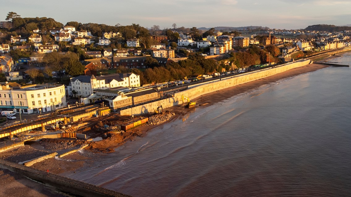 Breaking waves in Dawlish – new sea wall playing key role in protecting town and railway: Construction of the second section of new sea wall in Dawlish progressing well