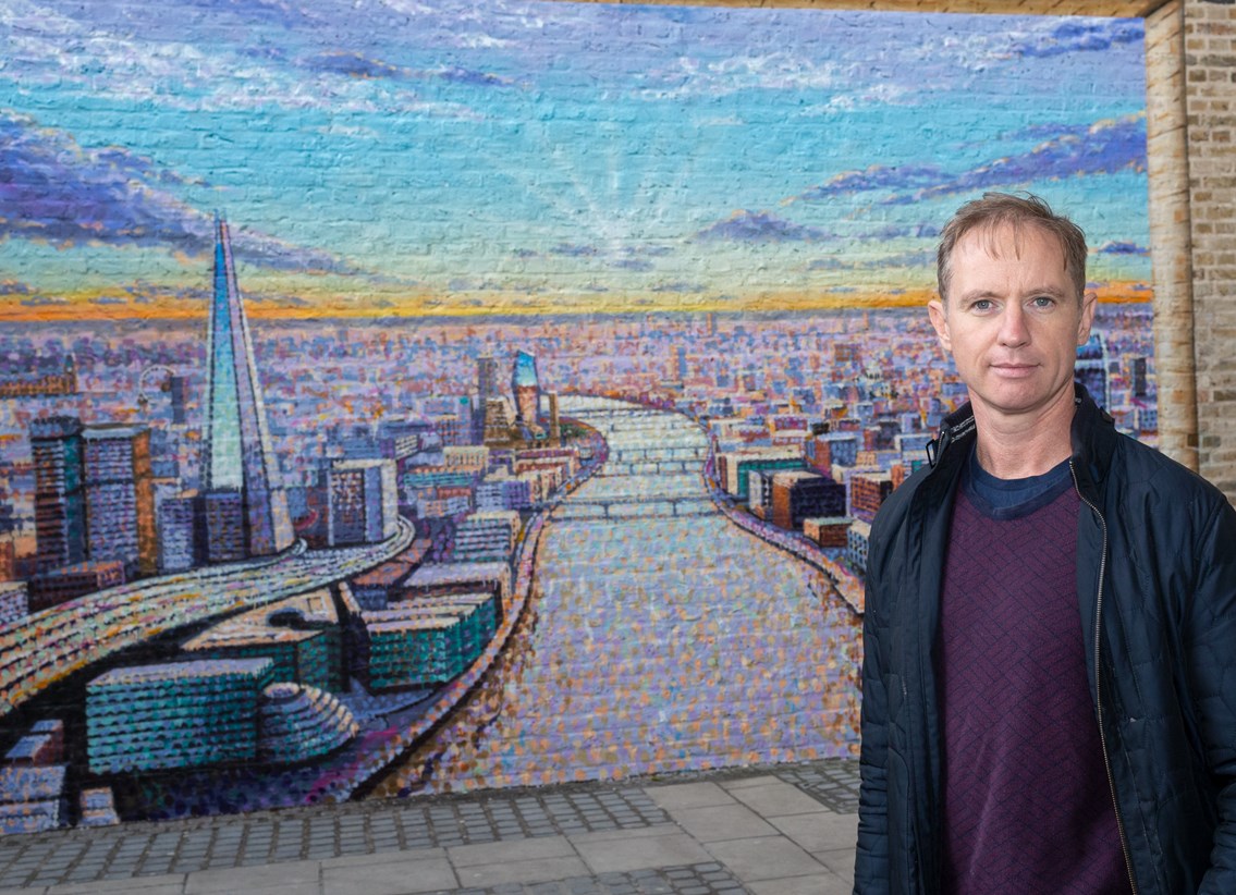 Artist Jimmy C with his work at Blackfriars: Artist Jimmy C at Blackfriars