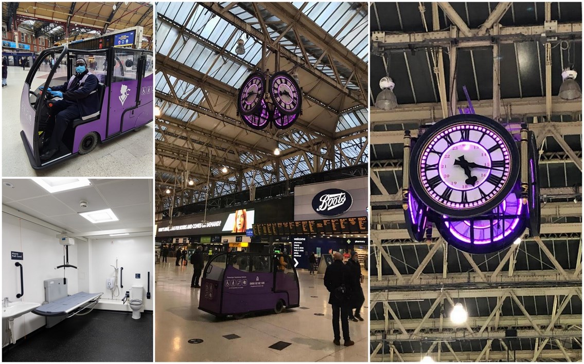 International Day of Disabled Persons marked in Network Rail's Southern region with new mobility buggies and Changing Place facility: PurpleLightUpCollage