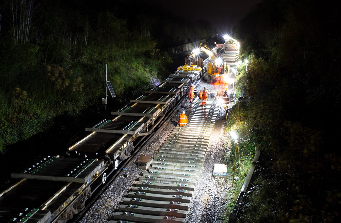 Engineering work at night: Laying sleepers in Whitstable