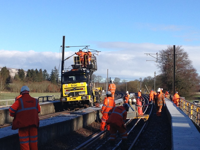 Lamington Viaduct track prep works: Network Rail engineers working on track and overhead power lines as Lamington Viaduct recovery enters final week.