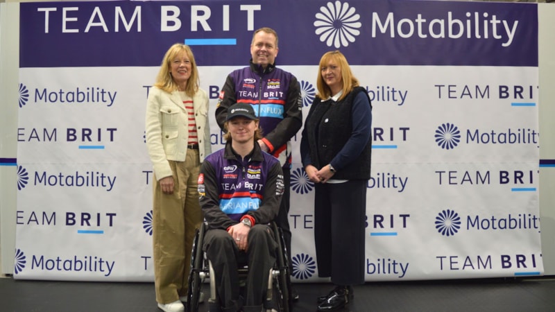 Team BRIT x Motability Scheme partnership launch-2: From left to right - Lisa Thomas, Chief Marketing Officer, Motability Operations; Noah Cosby - Team BRIT driver; Mike Scudamore, Commercial Director, Team BRIT; Lisa Witherington, Managing Director Customer Services, Motability Operations.