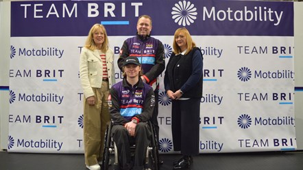 From left to right - Lisa Thomas, Chief Marketing Officer, Motability Operations; Noah Cosby - Team BRIT driver; Mike Scudamore, Commercial Director, Team BRIT; Lisa Witherington, Managing Director Customer Services, Motability Operations.