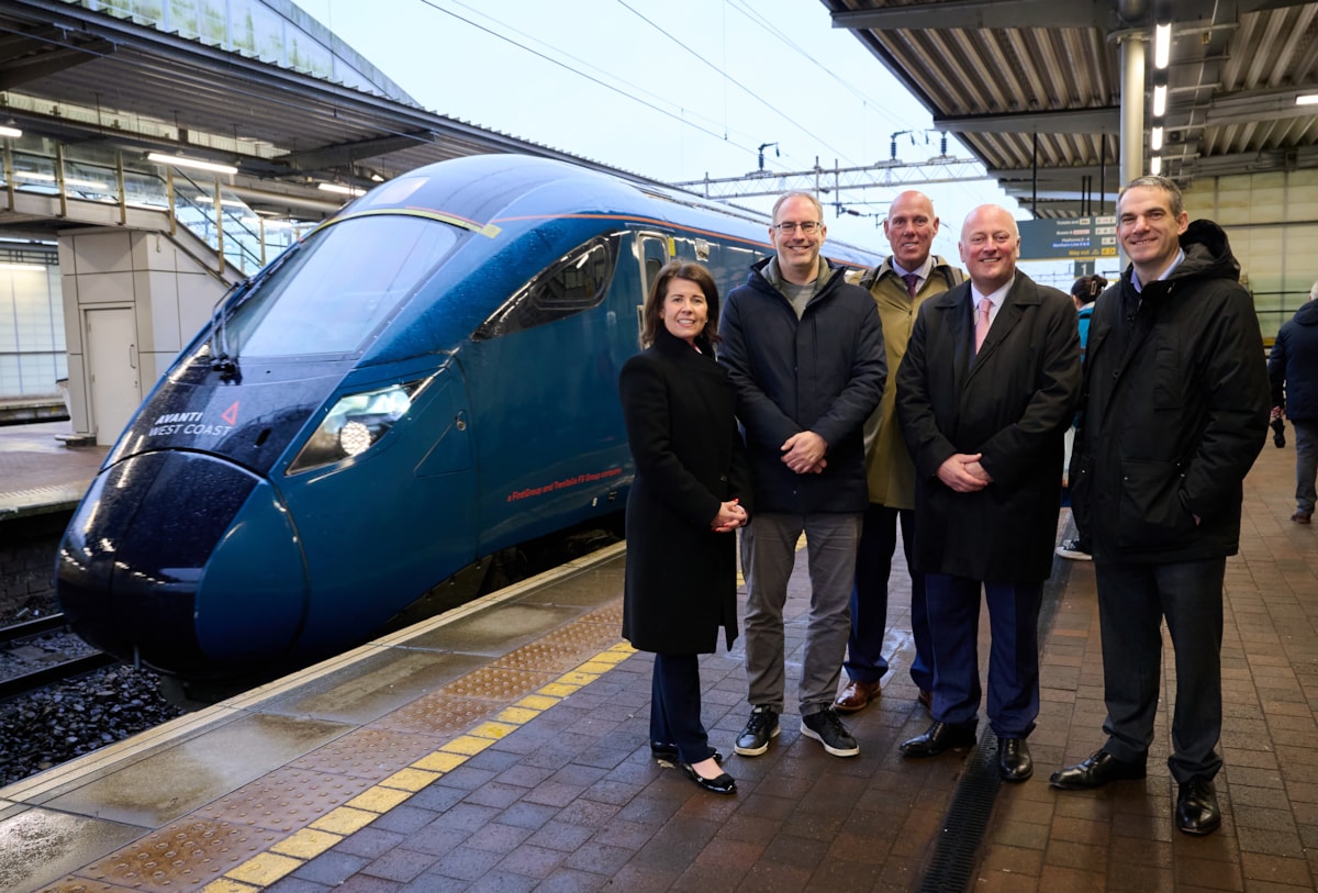 Liverpool South Parkway 4 - L-R: Suzanne Grant (Deputy MD at Merseyrail), John Irving (CEO at Liverpool John Lennon Airport), Phil James (North West Route Director at Network Rail), Andy Mellors (MD at Avanti West Coast) and Paul Cherpeau (CEO at Liverpool Chamber of Commerce) at Liverpool South Parkway station.