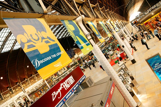 Banners at Paddington Station celebrating the birth of Isambard Kingdom Brunel: Network Rail's Discover the Legacy Exhibition at Paddington as part of the bicentennial celebration of Isambard Kingdom Brunel's birth.