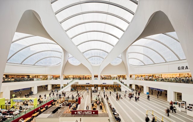 Christmas shoppers keep station retailers on track: Birmingham New Street and Grand Central - roof, inside aerial shot
