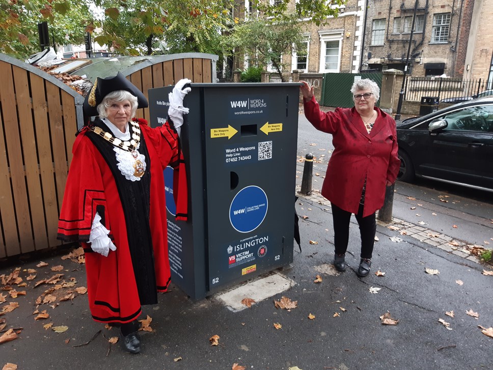 Mayor of Islington Janet Burgess and Cllr Sue Lukes, with one of the new knife bins in Highbury