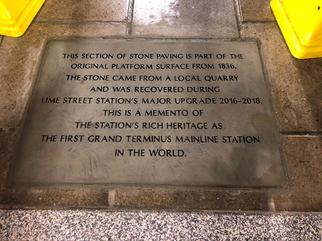 Yorkstone paving slab inscription at Lime Street Station