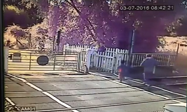 VIDEO: Adult and child in near-miss with train: Adult and child on CCTV