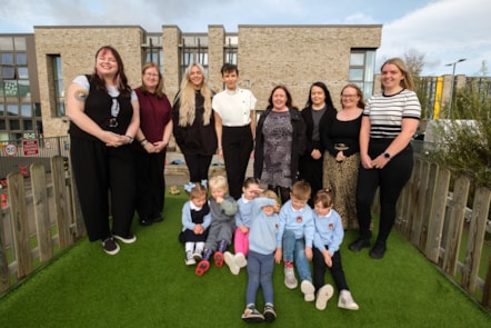 Julie Clelland with her team and Carol McGregor from Early Years celebrate their inspection report