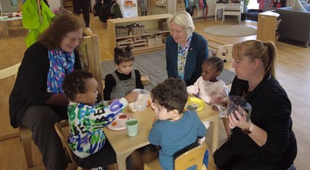 Deputy Minister for Social Services Julie Morgan and Plaid Cymru Designated Member Siân Gwenllian at Mount Stuart Primary School, in Cardiff.